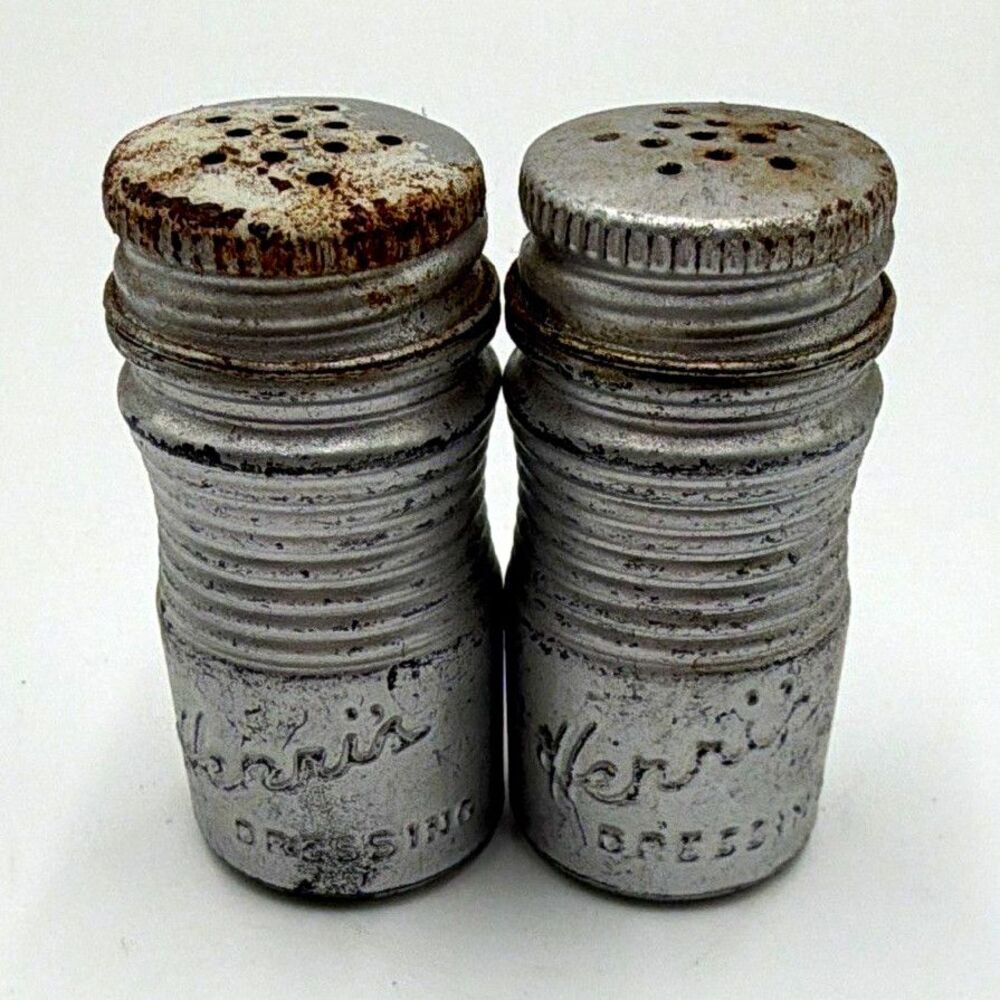 Vintage Silver Metal Salt & Pepper Shakers Set of 2 w/ Lids Original